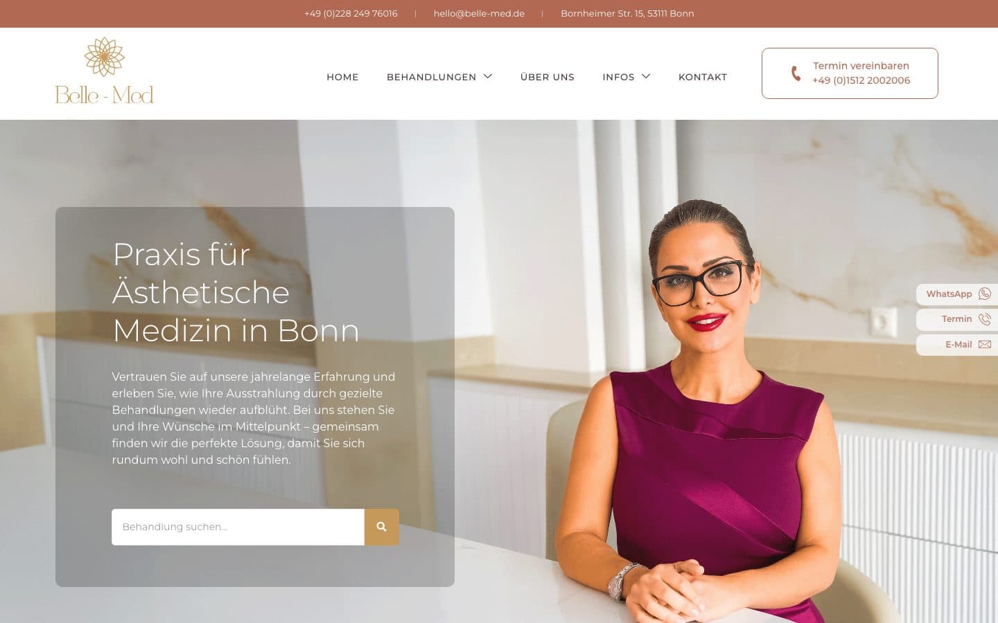 Homepage of belle-med.de: a woman with glasses in a wine-red dress at a bright table, beside it “Practice for aesthetic medicine in Bonn” and a search for treatments