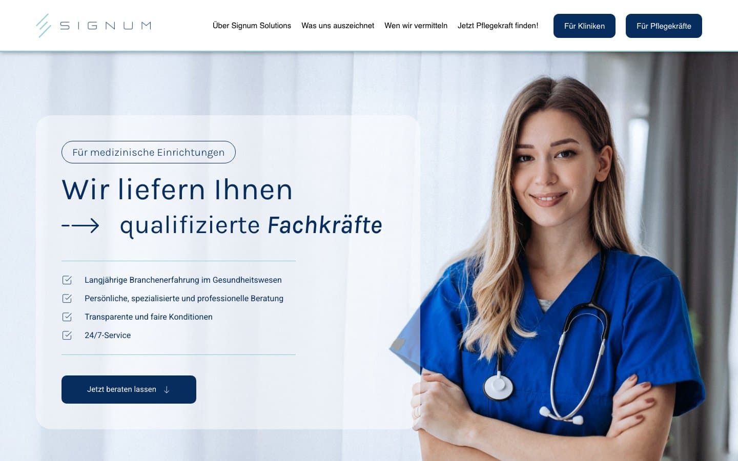 Homepage of signum-solutions.de: a smiling nurse with a stethoscope, headline “We provide you with qualified specialists” for medical facilities
